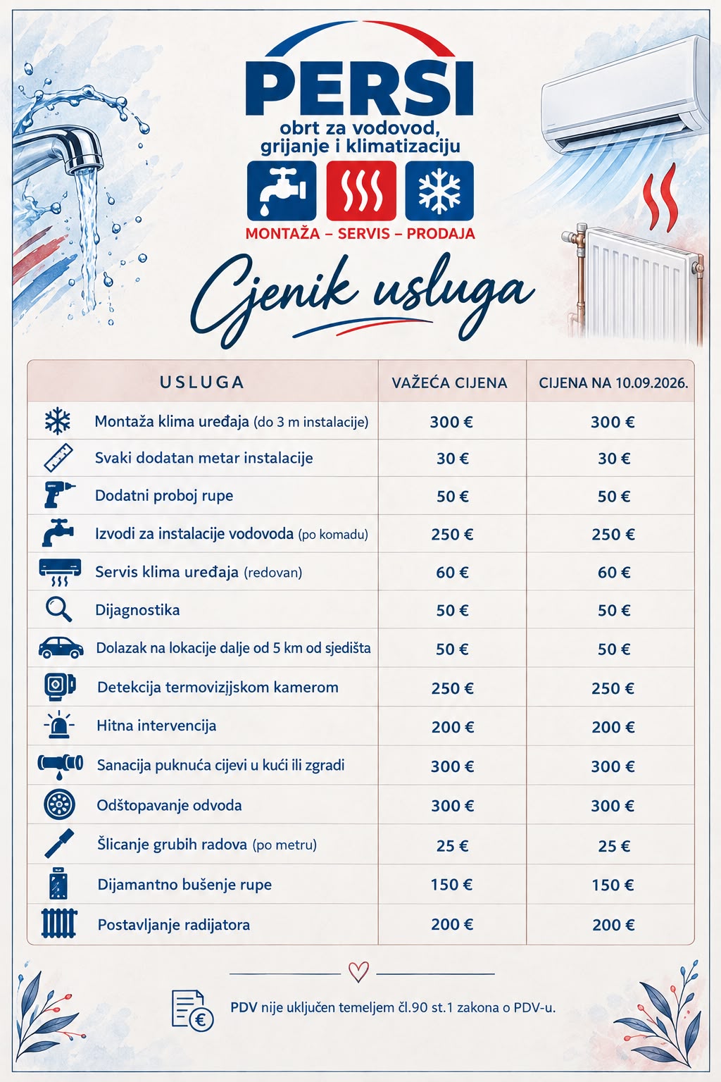 Cjenik usluga Persi - montaža, servis i prodaja